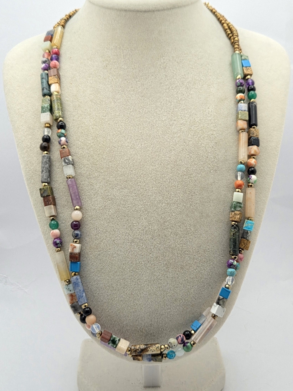 IUNIQUEEN Multi-Strand Gemstone Bead Layered Necklace Gold Tone Stainless Steel